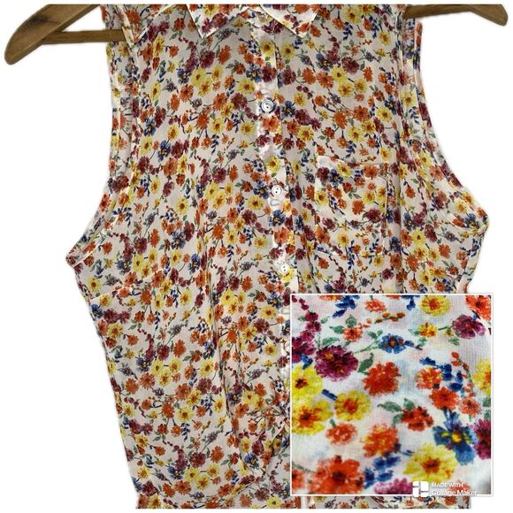 AMBIANCE APPAREL Blouse Sleeveless Sheer Tie Hi-Low Ditsy Floral Womens S White - Picture 9 of 11